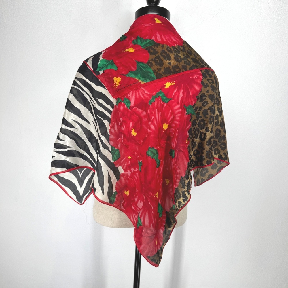 Oscar de la Renta Vintage Silk Scarf Red Floral Leopard Zebra Mixed Print 30x30